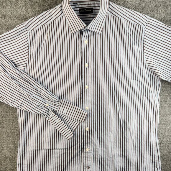 David Donahue Size 17.5 36/37 Button Up Shirt Men Cotton Striped Blue Brown - Picture 1 of 16
